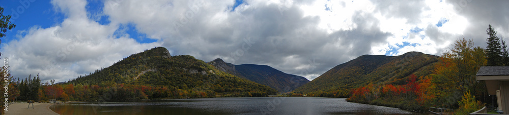 Franconia Notch with fall foliage and Echo Lake panorama in Franconia Notch State Park in White Mountain National Forest, near Lincoln, New Hampshire NH, USA. Franconia Notch with fall foliage and Echo Lake panorama in Franconia Notch State Park in White Mountain National Forest, near Lincoln, New Hampshire NH, USA.