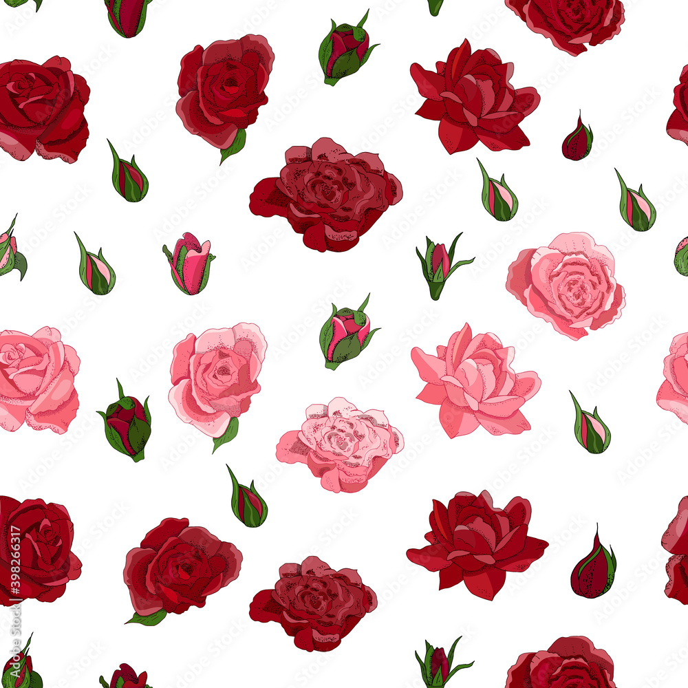 Flowers seamless pattern. Vector hand drawn illustration of roses. For textiles, wallpaper, fabric, gift boxes, greeting card and invitations Flowers seamless pattern. Vector hand drawn illustration of roses. For textiles, wallpaper, fabric, gift boxes, greeting card and invitations
