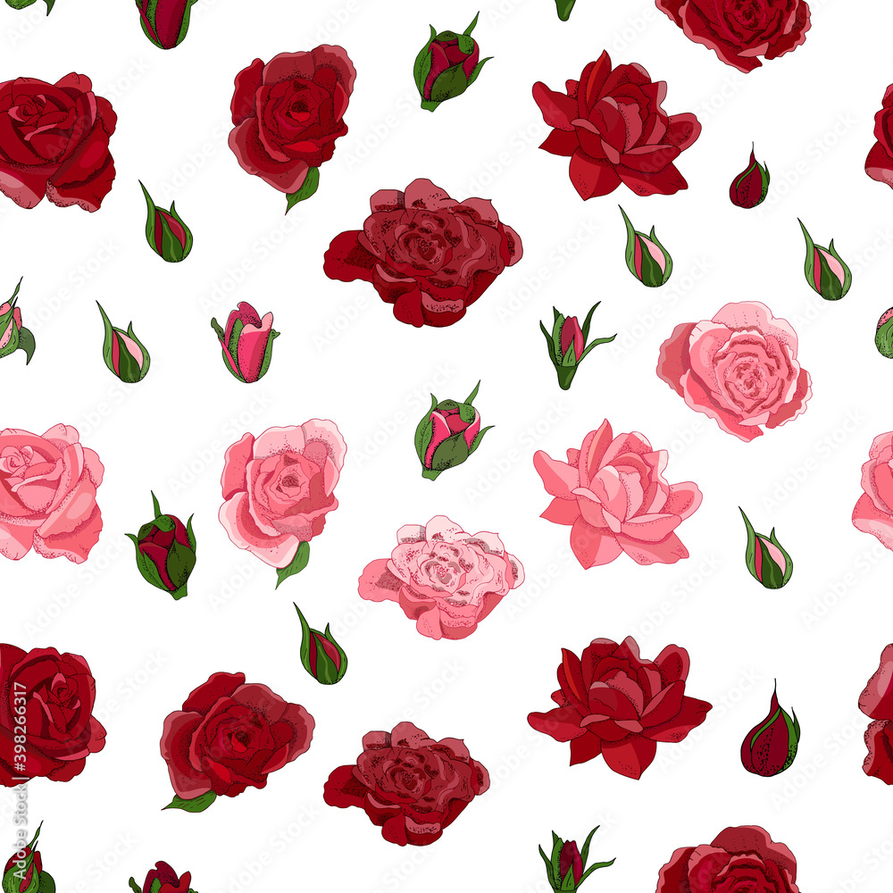 Flowers seamless pattern. Vector hand drawn illustration of roses. For textiles, wallpaper, fabric, gift boxes, greeting card and invitations