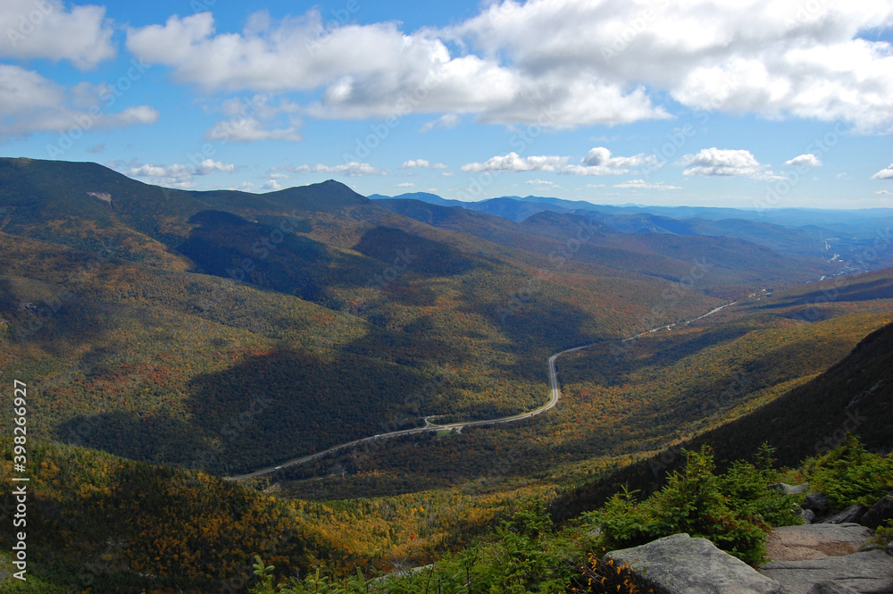 Franconia Notch with fall foliage and Highway I93 aerial view from top