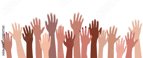 Racial equality. Group raised human arms and hands.Diversity multiethnic people. Men and women of different culture and nations. Multicultural community integration Coexistence harmony