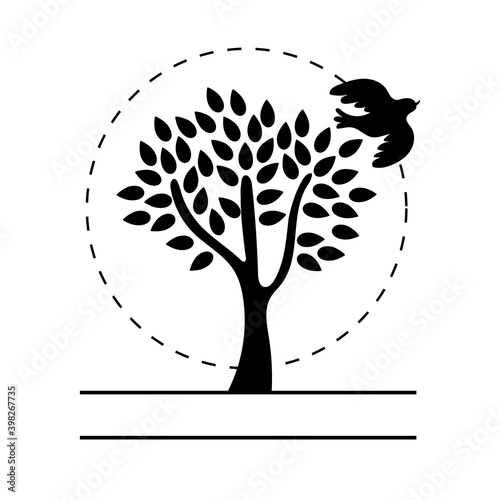 tree plant with dove bird flying silhouette line style icon