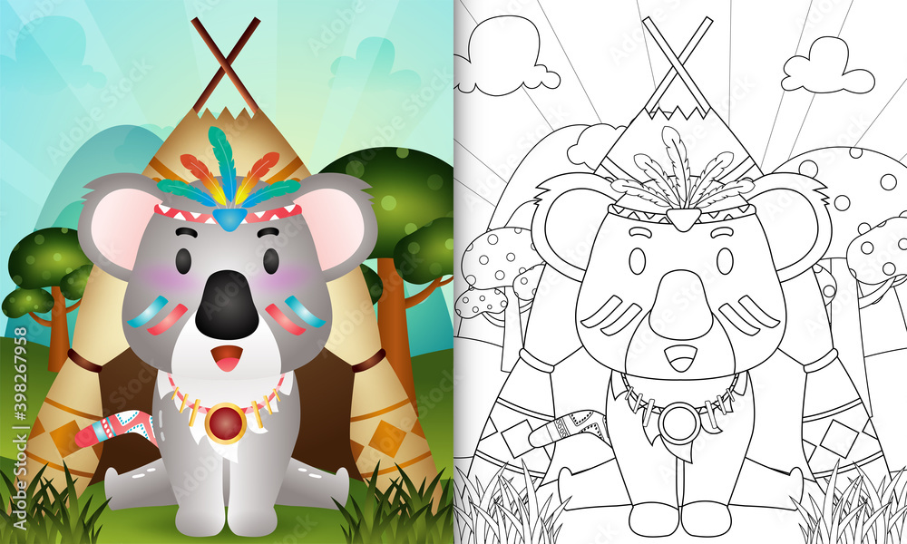 Naklejka premium coloring book for kids with a cute tribal boho koala character illustration