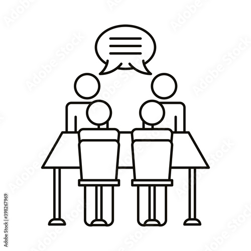 four workers talking in table coworking line style icon