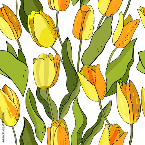 Beautiful Wild blooming tulip seamless pattern in a hand drawing style