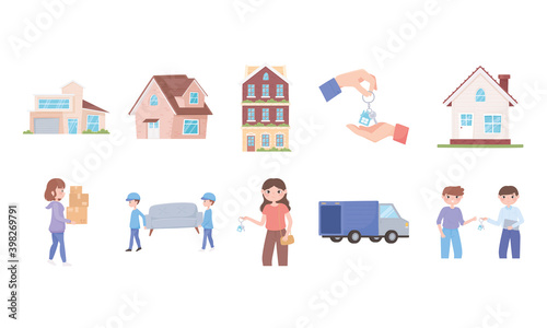 people moving into a new house with things, houses, building and truck icons