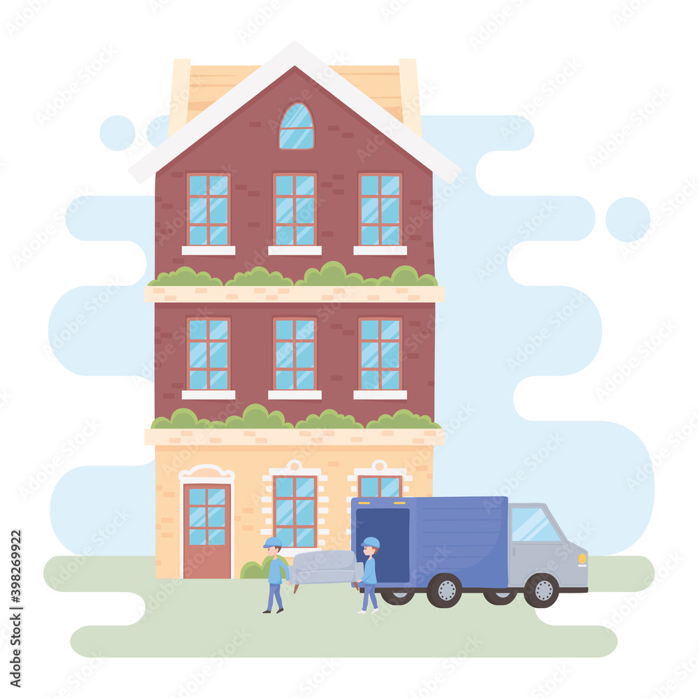 moving truck with workers and sofa arriving in building at new home