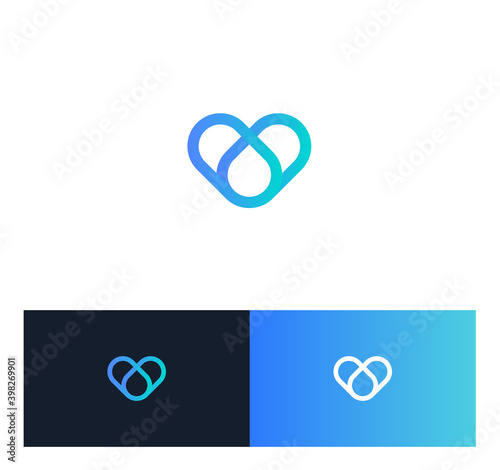 Blood donation linear style vector logo concept. Blood transfusion isolated blue line icon on black background. Heart and drop symbol for charity and medicine graphic.