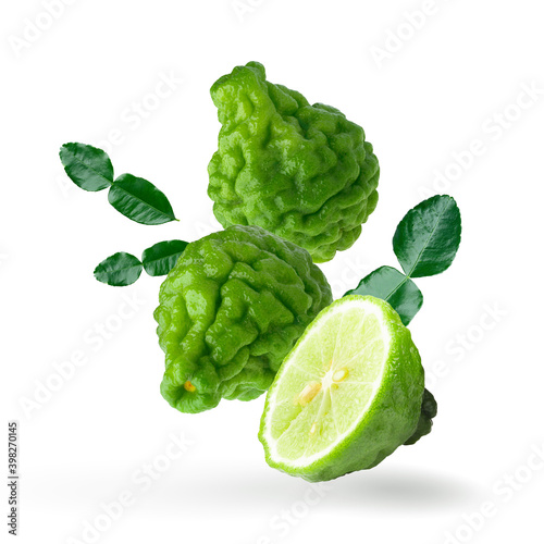 Bergamot fruit with leaf isolated on white background.