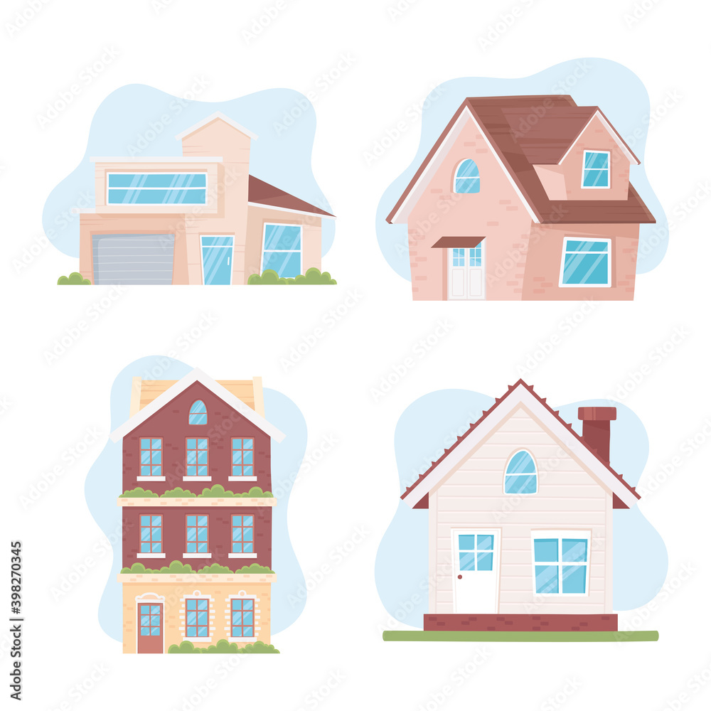 new home, icons set different houses in brick wood building style