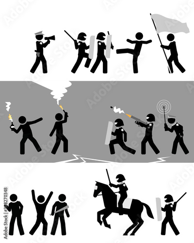 Angry mob throwing rocks and Molotov cocktails at police