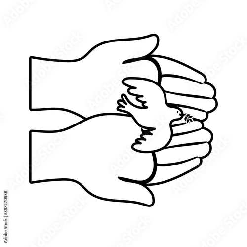 hands lifting dove bird flying peace line style icon