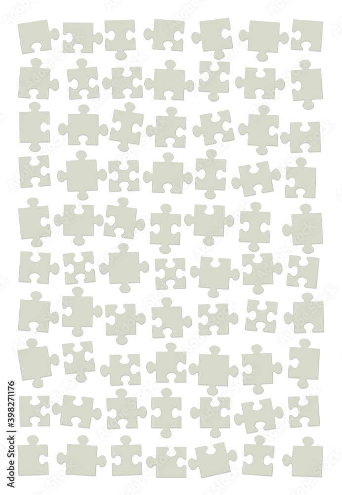 Jigsaw puzzle back side. Scattered, shuffled, and assorted green cardboard pieces, but not put together yet. Isolated vector illustration on white background.
Jigsaw puzzle back side. Scattered, shuffled, and assorted green cardboard pieces, but not put together yet. Isolated vector illustration on white background.