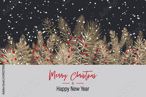 Happy New Year. Merry Christmas. Festive card on a craft background. Holiday background. Christmas decorations. Xmas, New year background. Vector illustration