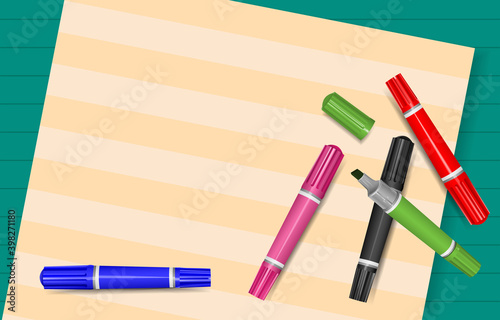 A set of permanent marker pens in front of paper, stationary, back to school, colorful