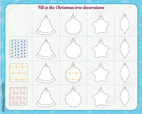 Logic game for children. Paint over Christmas decorations with patterns.