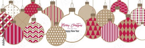 Happy New Year. Merry Christmas. Festive card on a craft background. Holiday background. Christmas decorations. Xmas, New year background. Vector illustration