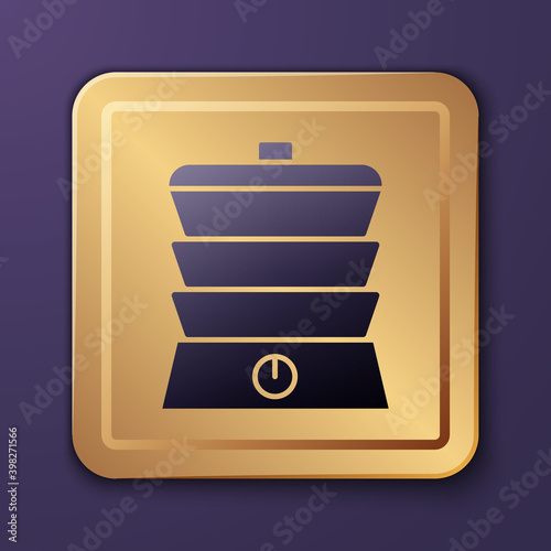 Purple Slow cooker icon isolated on purple background. Electric pan. Gold square button. Vector.