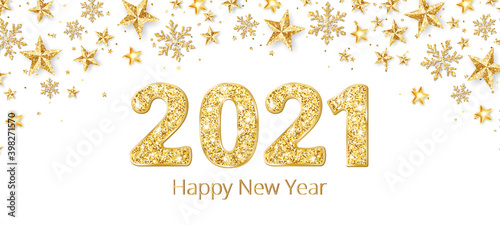 Holiday banner with golden decoration. 2021 numbers and Happy new year text. Glitter snowflakes and stars frame. Vector background. For Christmas and winter season cards, headers, party posters.