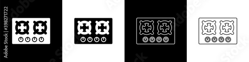 Set Gas stove icon isolated on black and white background. Cooktop sign. Hob with four circle burners. Vector.