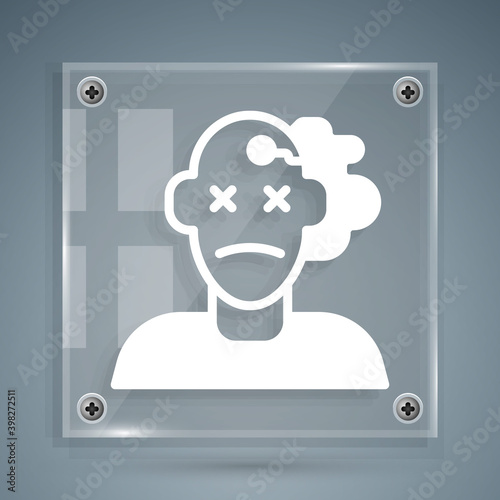 White Murder icon isolated on grey background. Body, bleeding, corpse, bleeding icon. Concept of crime scene. Square glass panels. Vector.