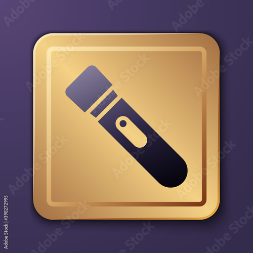 Purple Flashlight icon isolated on purple background. Gold square button. Vector.