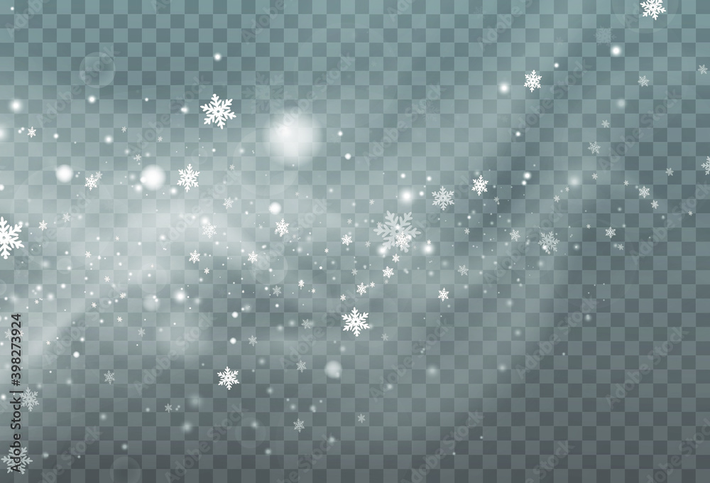 Christmas background made of falling snow blown by a strong winter wind. Isolated on transparent background. White png dust light.