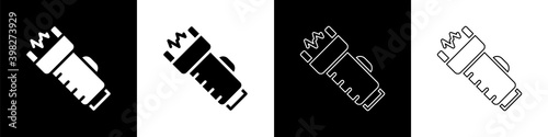 Set Police electric shocker icon isolated on black and white background. Shocker for protection. Taser is an electric weapon. Vector.