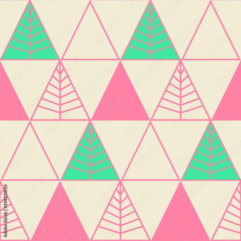 Seamless geometric pattern with the image of Christmas trees, triangles. Vector design for web banner, business presentation, brand package, fabric, print, wallpaper.