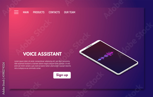 Voice assistant on mobile phone app. Personal assistant and voice recognition concept. Soundwave recognition technologies. Pink and blue gradients. Landing page template vector.