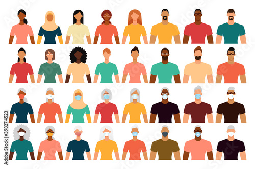 Diverse people in protective face masks during the epidemic. Isolated icon set. Social distance, quarantine concept. Flat design vector illustration.