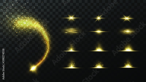 Shining golden stars isolated on black background. Effects, lens flare, shine, explosion, golden light, set. Shining stars, beautiful golden rays. Vector illustration. 