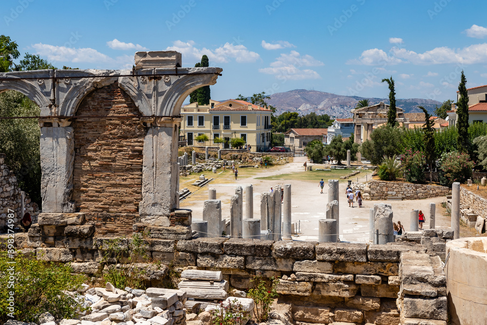 ancient greek ruins near the tower of the winds and the roman agora