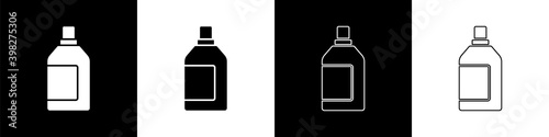 Set Plastic bottle for laundry detergent, bleach, dishwashing liquid or another cleaning agent icon isolated on black and white background. Vector.