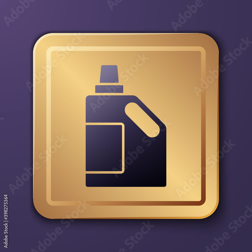 Purple Plastic bottle for laundry detergent, bleach, dishwashing liquid or another cleaning agent icon isolated on purple background. Gold square button. Vector.