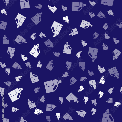 White Plastic bottle for laundry detergent, bleach, dishwashing liquid or another cleaning agent icon isolated seamless pattern on blue background. Vector.
