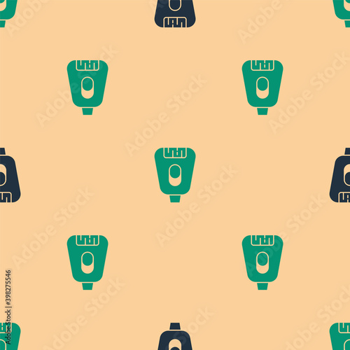 Green and black Epilator icon isolated seamless pattern on beige background. Depilation by electric razor. Hair removal on the body. Vector.