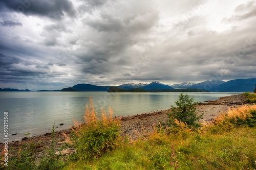 Glacier and mountain seen in the distantance from the shores of Gastineau Channel