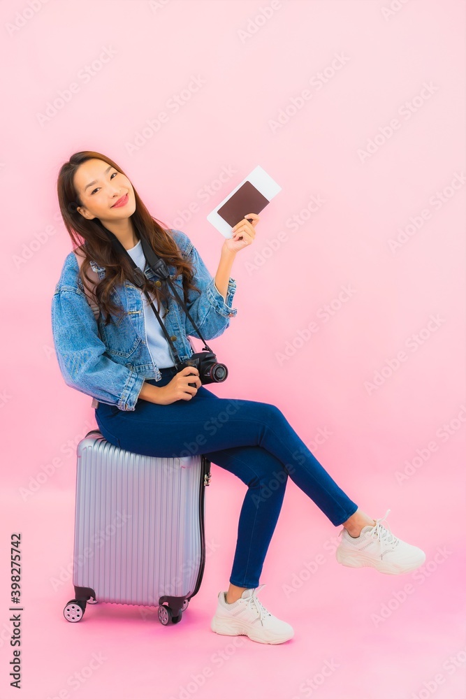 Portrait beautiful young asian woman backpack or luggage with camera Portrait beautiful young asian woman backpack or luggage with camera