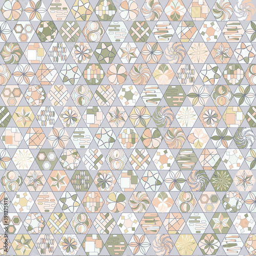 Mosaic geometric shapes seamless pattern in gentle pastel colors. Stained glass background for decoration and design