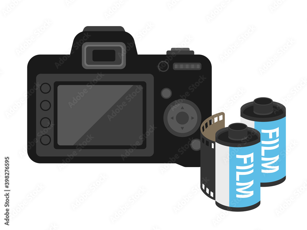 カメラと写真フィルムのイラスト カメラと写真フィルムのイラスト