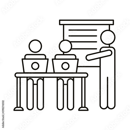 three workers with laptops in the office coworking line style icon