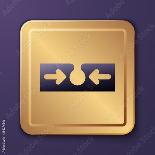 Purple Acne icon isolated on purple background. Inflamed pimple on the skin. The sebum in the clogged pore promotes the growth of a bacteria. Gold square button. Vector.