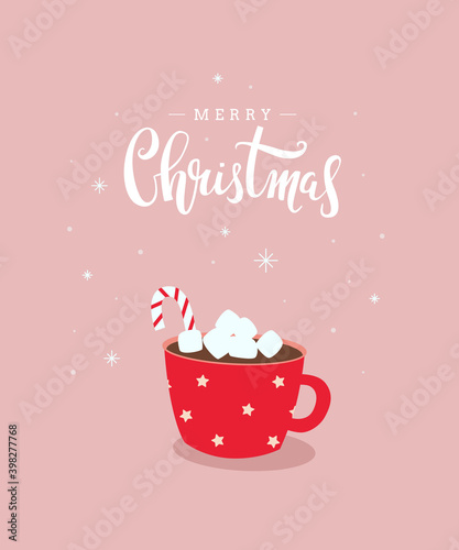 Merry Christmas cute greeting card design with handwritten calligraphy and hot chocolate drink with marshmallow. - Vector