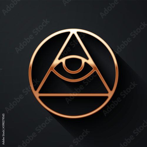 Gold Masons symbol All-seeing eye of God icon isolated on black background. The eye of Providence in the triangle. Long shadow style. Vector.