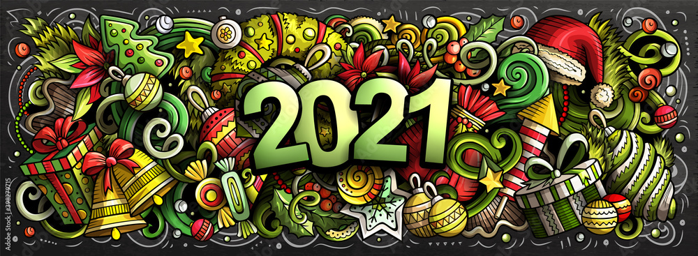 2021 doodles horizontal illustration. New Year objects and elements poster