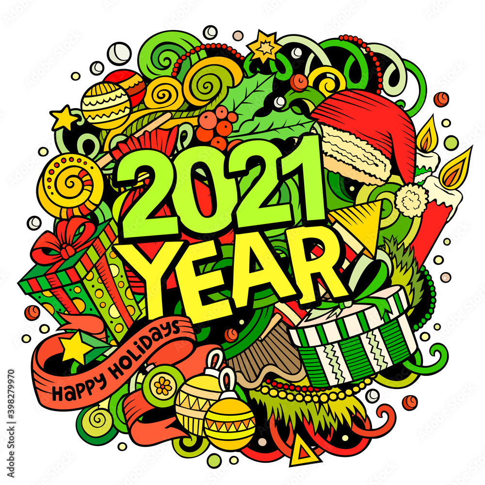 2021 hand drawn doodles illustration. New Year objects and elements poster