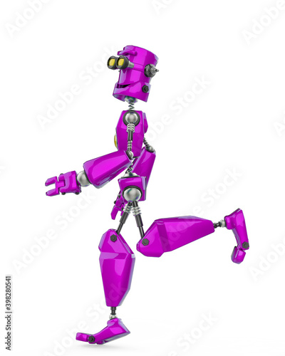 funny robot cartoon jogging in front in a white background