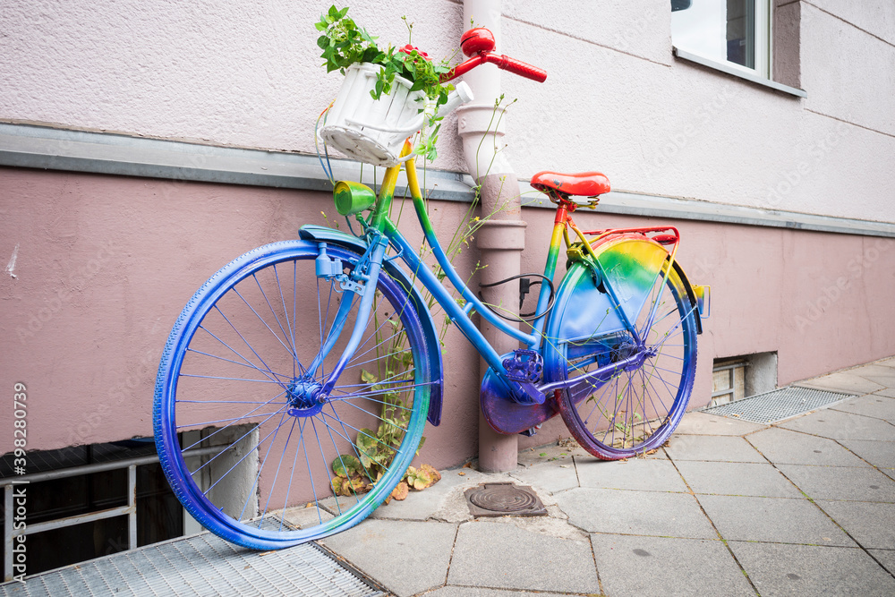 A bicycle in rainbow colors