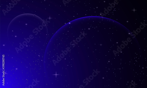 Vector abstract night sky background with silhouettes of planets and small stars. Space galaxy realistic background.